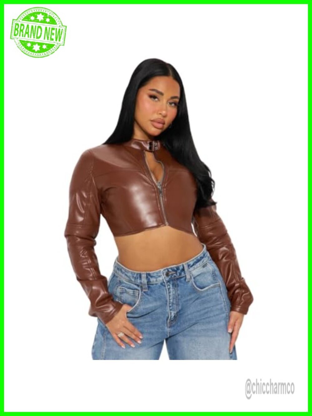 Faux Leather Cropped Moto Jacket Slim Fit Zip Up Women's